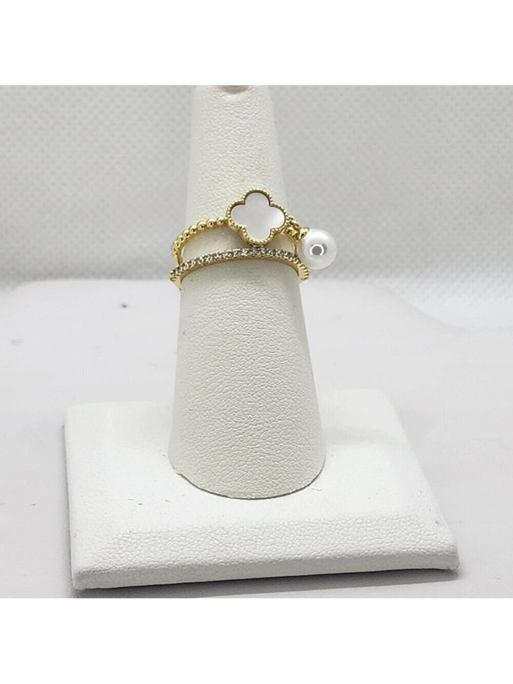 Brand New Sterling Silver 925 White Opal Clover Pearl 2 pc Ring